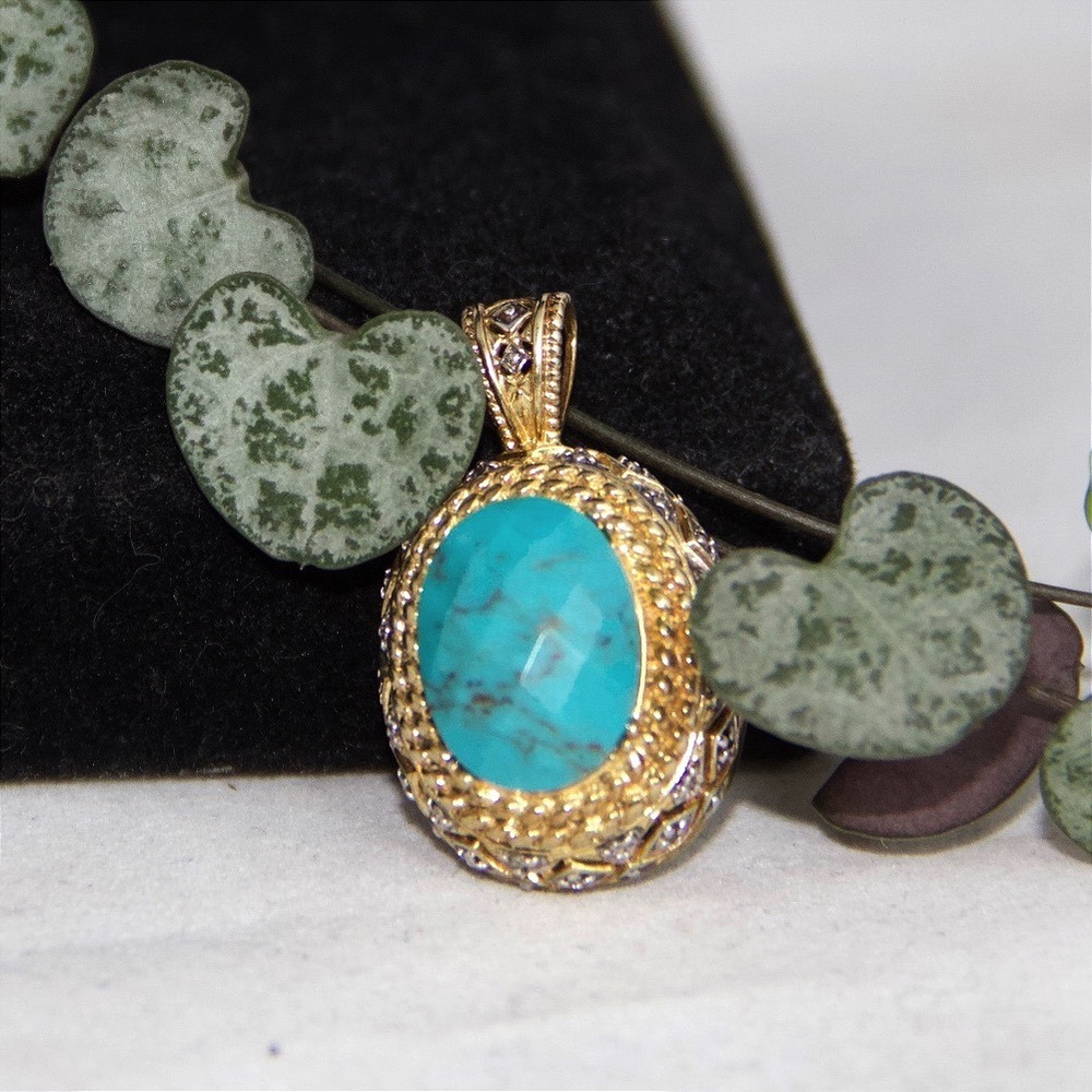Sterling Silver 14kt Gold Plated Faceted Turquoise Oval Pendant Ornate Gallery